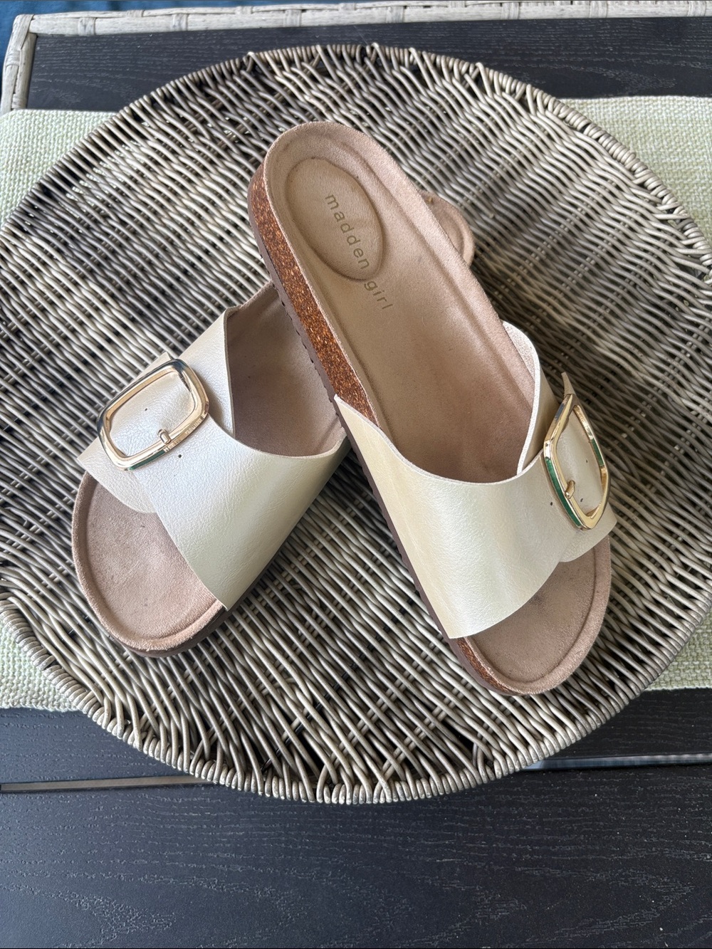 Madden Girl Cream Slide Sandals with Gold Buckles